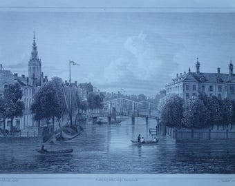 Small antique print of Amsterdam from 1858 original old city view panorama Amsterdam Zwanenburgwal canal illustration
