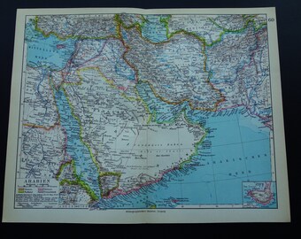 Old map of Saudi Arabia 1928 original vintage print about Oman Aden Kuwait - detailed maps Persia Red Sea Persian Gulf Teheran antique 9x12