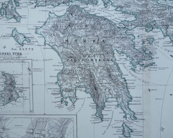 Oude kaart van Griekenland uit 1879. Originele antieke afdruk van Athene, Piraeus, Santorini, Thera en Syros. Gedetailleerde vintage kaarten met jaartal.