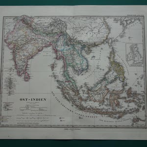 INDONÉSIE THALANDE Ancienne carte de l'Asie de l'Est 1876, impression ancienne originale Siam Inde Birmanie Philippines Indochine datée 40 x 50 cm grandes cartes