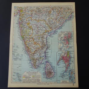 INDIA old map of India Ceylon 1928 antique print about southern India Sri Lanka plan Mumbai Madras/Chennai vintage maps