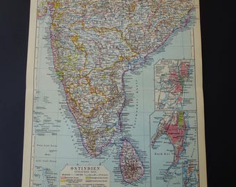 INDIA old map of India Ceylon 1928 antique print about southern India Sri Lanka plan Mumbai Madras/Chennai vintage maps