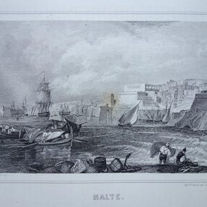 May include: An antique black and white etching of Malta, featuring a harbor scene with boats, ships, and buildings. The word "MALTE" is printed at the bottom. The image has a vintage aesthetic.