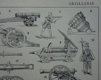 ARTILLERY old print 1902 antique MILITARY illustration pictures of history of guns gunnery mortar gun cannon vintage small poster poster