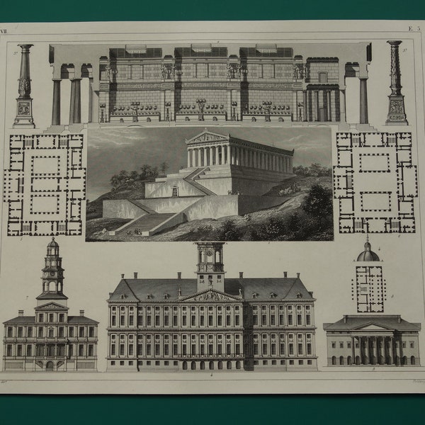 Oude architectuurprint van Walhalla Regensburg Koninklijk Paleis Damplein Amsterdam originele antieke foto's vintage illustratie Donaustauf