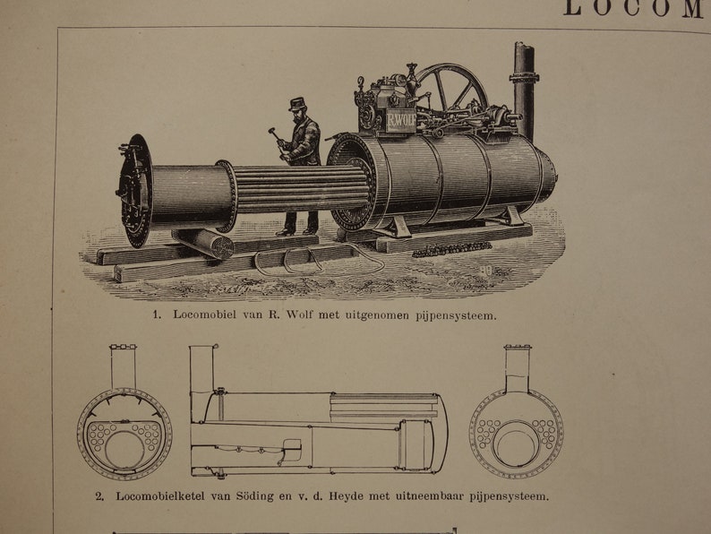 PORTABLE ENGINE Print Original 1909 Antique Dutch Set of Two 2 Prints ...