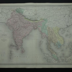 INDIA old map LARGE 1880 Original antique poster of Indochina British India Thailand historical maps wall hanging decor 24x33&quot; big