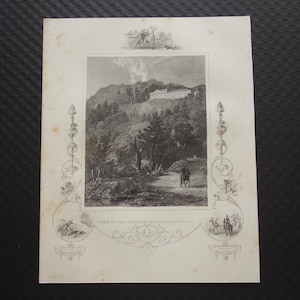 Vista della montagna di Cattskill House NY 1851 antica incisione Hotel Haines Falls immagine illustrazione vecchio aspetto USA storia stampa