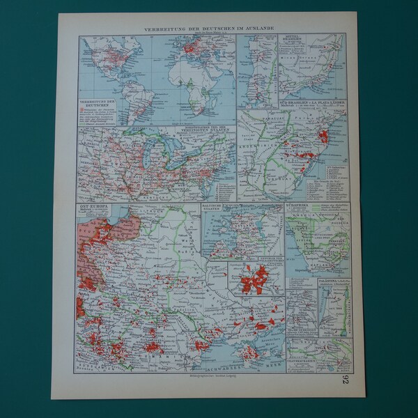 German diaspora map - 1928 old vintage print - Dissemination of Germans maps alte karte verbreitung der Deutschen im Auslande 24x31c 9x12"