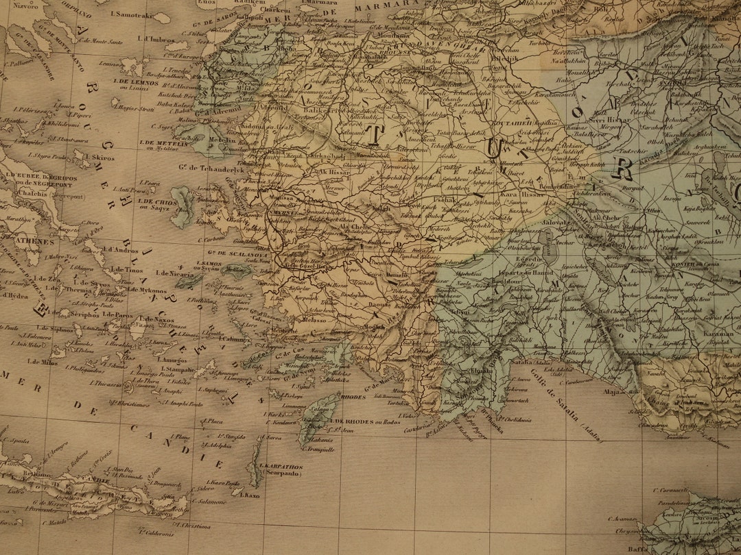 TURKEY Old Map LARGE 1880 Original Antique Poster of Asia Minor Ottoman Empire Vintage