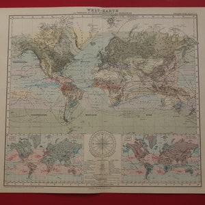 Große alte Weltkarte über Winde und Klima als großer Druck mit Luftbewegungen, Windtemperatur und Niederschlägen - Originale vintage Weltkarten