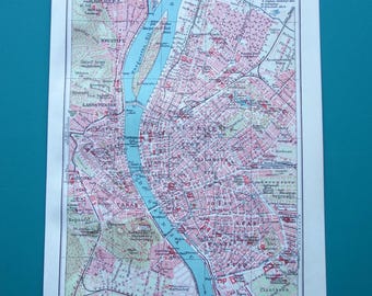 BUDAPEST map 1915 old antique city plan about Budapest Hungary vintage small maps Будапеща старата карта 16x25c 6x10"