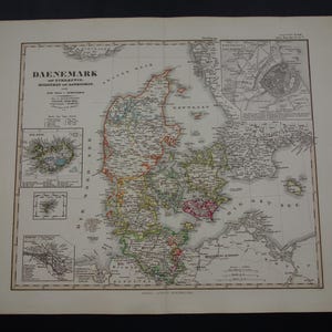 DÄNEMARK alte Landkarte von Dänemark GROßer original 1860 handkolorierter Druck über Kopenhagen Dänische Kolonien Island Grönland vintage Karten 14x18"groß