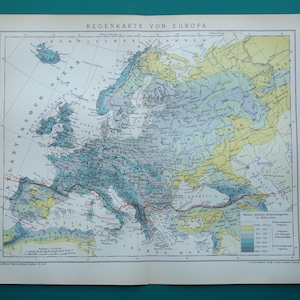 May include: Vintage map of Europe with text in German. The map shows rainfall patterns, with color-coded areas indicating different levels of precipitation. The title "Regenkarte von Europa" is at the top. The map is printed on aged paper.