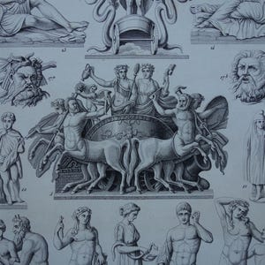 Divinità greche e romane, stampa antica originale del 1849, illustrazione antica, Dio, Divinità, Sculture, Rituali, stampe religiose d'epoca, antichità, Bacco