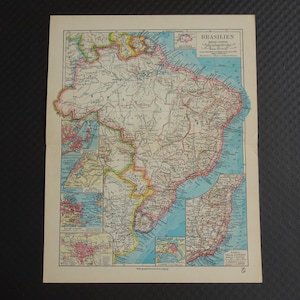 Alte Landkarte Brasilien von 1928 original vintage Landkarte Brasilien - Mapa de Brasil Rio de janeien Sao Paulo Bahia antike Landkarten 9x30 cm kleines Poster