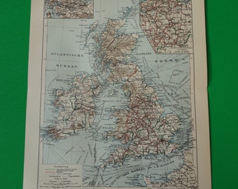 Mapa antiguo del Reino Unido: mapa antiguo original de 1917 del Reino Unido sobre líneas de canales marítimos náuticos, mapas antiguos de Gran Bretaña