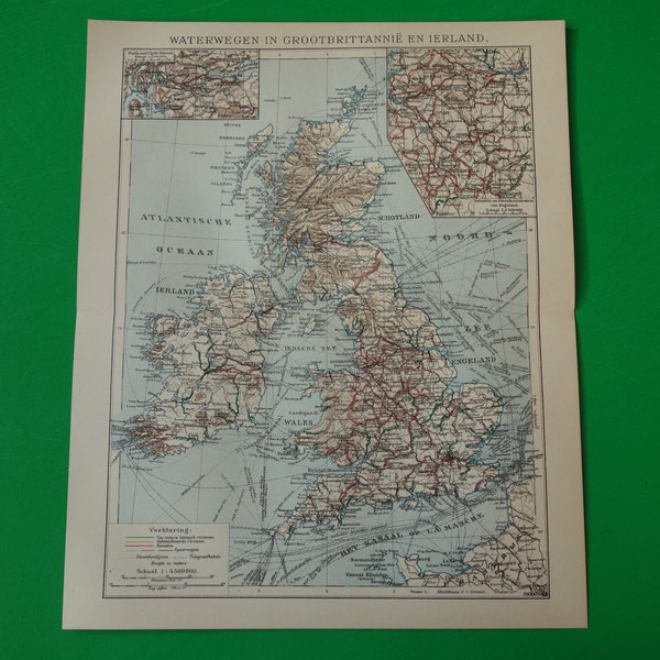 Antique UK map - original 1917 old map of the United Kingdom about shipping nautical maritime canals lines vintage maps Great Britain