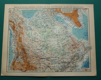 Vintage map of Canada from 1933 old antique print about British America Canadian Dominion Baffin Bay Greenland Maps 10x13"