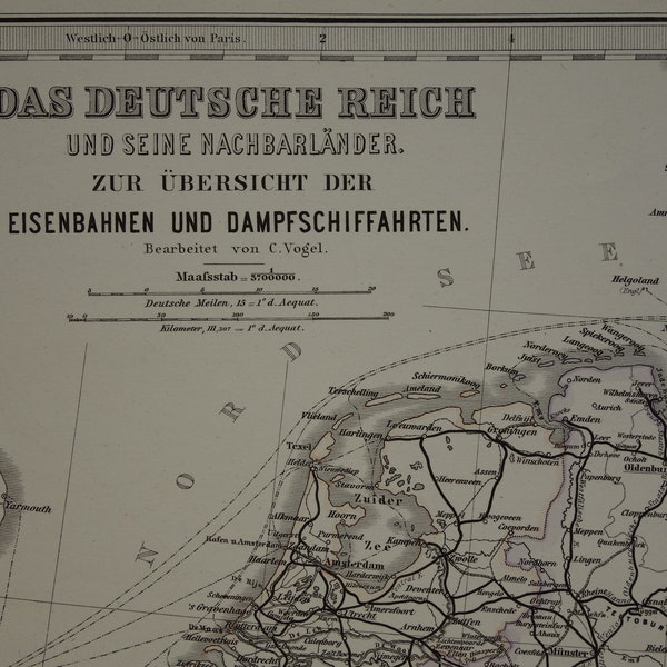 1878 Antique railway highway map of Germany Poland Holland old vintage maps rail trains railways print dated with year