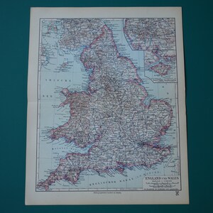 Alte Landkarte von England und Wales Original 1928, Antique vintage print über UK Detaillierte vintage Karten Seenplatte Wight Isle Southampton London