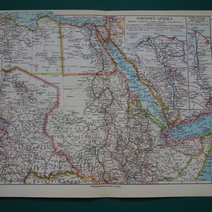 Carte ancienne de l'Afrique du Nord-Est 1928, impression vintage originale de l'Egypte, du Soudan, de l'Ethiopie, de la Libye, des cartes anciennes détaillées de la corne du nord-est de l'Afrique 9 x 12"