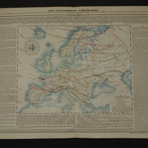EUROPE, carte climatique antique de l'Europe Belle grande affiche ancienne de 1840 des cartes vintage des habitats du continent européen, 20 x 26 po.