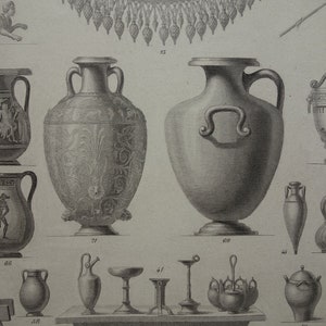 Vecchia stampa di antichi vasi greci utensili 1870 illustrazione antica originale Grecia nell'antichità classica mobili gioielli stampe d'epoca