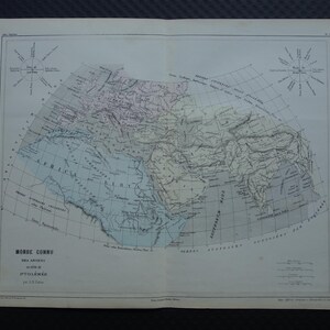 May include: An antique world map titled "Monde Connu", showing a historical depiction of the world, with a focus on the Middle East, Africa, and Asia. The map includes geographical details, compass roses, and French text.