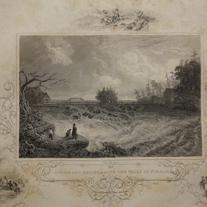 Vista delle Cascate del Niagara, 1851, antica incisione, illustrazione, Rapids Bridge, Cascate del Niagara, aspetto antico, stampa storica degli Stati Uniti