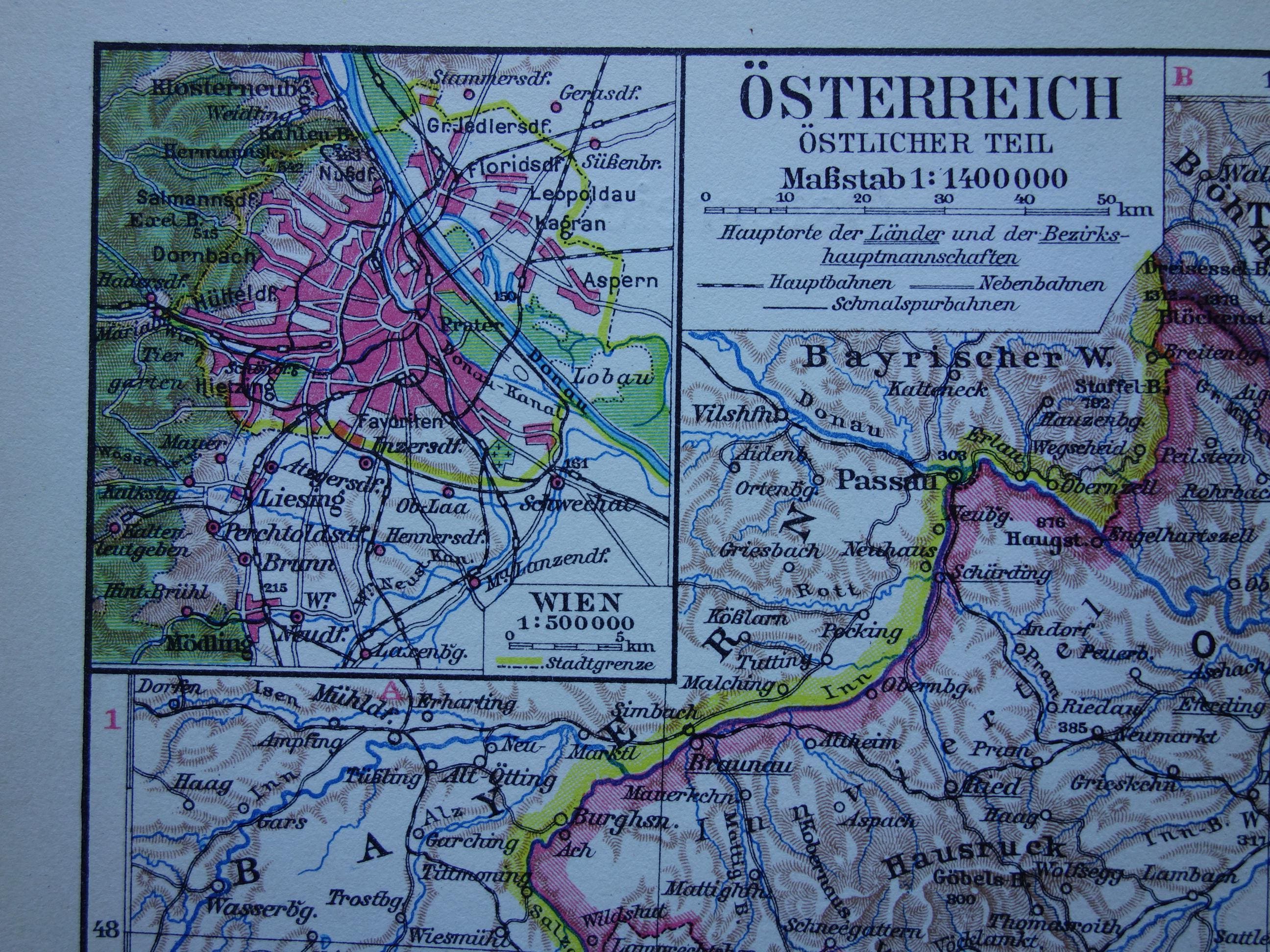 オーストリア 1928年のオーストリアの古地図。グラーツ、リンツ