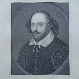 Ritratto di William Shakespeare, vecchia stampa, incisione antica originale del 1860, stampe storiche d&#39;epoca di ritratti di Shakespeare