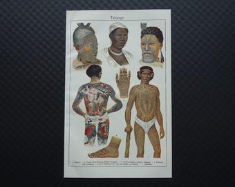 May include: A vintage print labelled "Tatoeage", displaying illustrations of different tattoo styles. The print includes detailed depictions of tattooed individuals, showing full body and partial views, with intricate designs and patterns. The print is in colour.