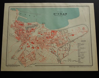 Carte ancienne d'Oran, Algérie, 1896, plan original de la ville d'Oran - Affiche détaillée de cartes anciennes 22 x 30 c 9 x 12 po. - vieille carte