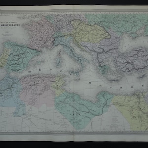 MITTELMEER Alte Karte groß 1880 Original antikes Poster von Südeuropa Nordafrika M.Meeresregion 24x32 cm Vintage Karten