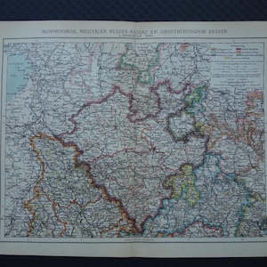 May include: Antique map of the Rhine Province, Westphalia, Hesse-Nassau, and the Grand Duchy of Hesse. The map features detailed geographical information, including borders, cities, and waterways, with text at the top.