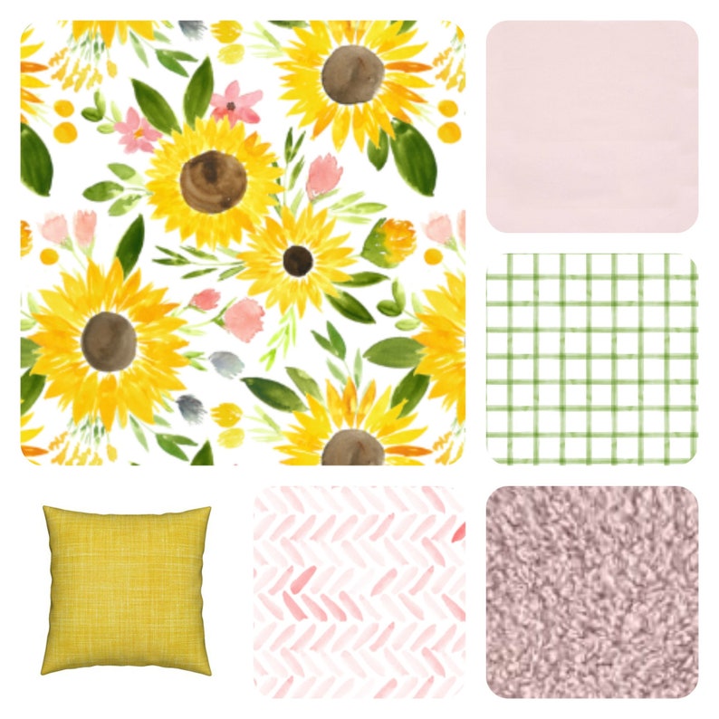 Sunflower Baby Bedding In Pinks Yellow Green Modern Crib Sunflowers Spring Flowers Watercolors Blush Pink