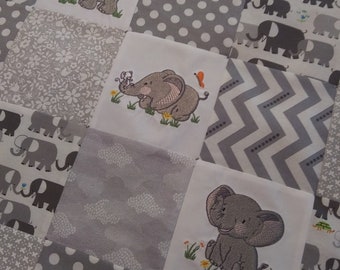 Elephant Pals embroidered baby quilt, MADE TO ORDER gray and white patchwork minky blanket, gender neutral nursery bedding, handmade quilt