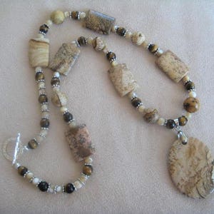 Picture jasper and tiger eye beaded pendant necklace in earthtone colors, boho, chunky southwest, casual statement jewelry in sand and brown
