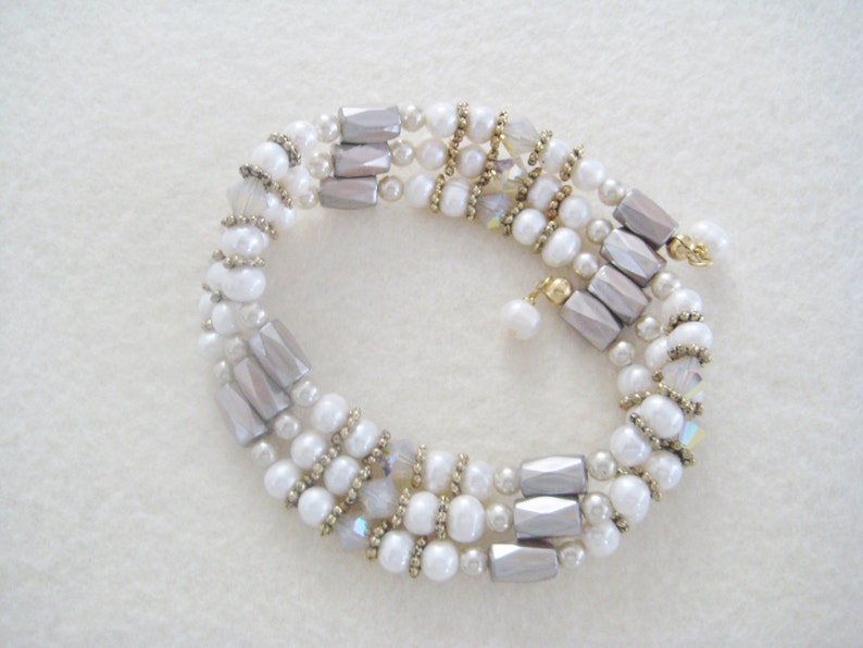 Beaded Bracelet, Freshwater Pearls, Opalescent Crystals and