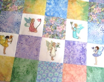 Flower Fairy embroidered baby quilt, MADE TO ORDER heirloom patchwork quilt, Victorian fairies, floral crib bedding, fairy garden nursery