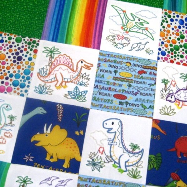 Dibujos de Dino bordado dinosaurio bebé edredón, HECHO A PEDIDO ropa de cama de guardería de la selva, manta de cuna minky patchwork, regalo de baby boy shower