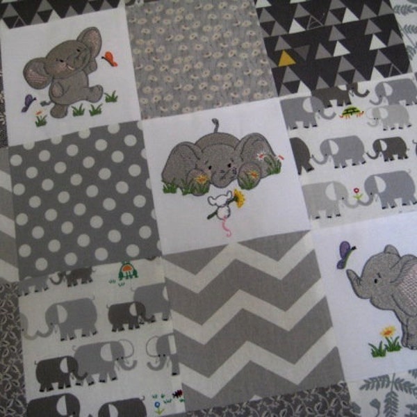 Elephant Pals embroidered baby quilt, MADE TO ORDER gray and white patchwork minky blanket, gender neutral nursery bedding, handmade quilt