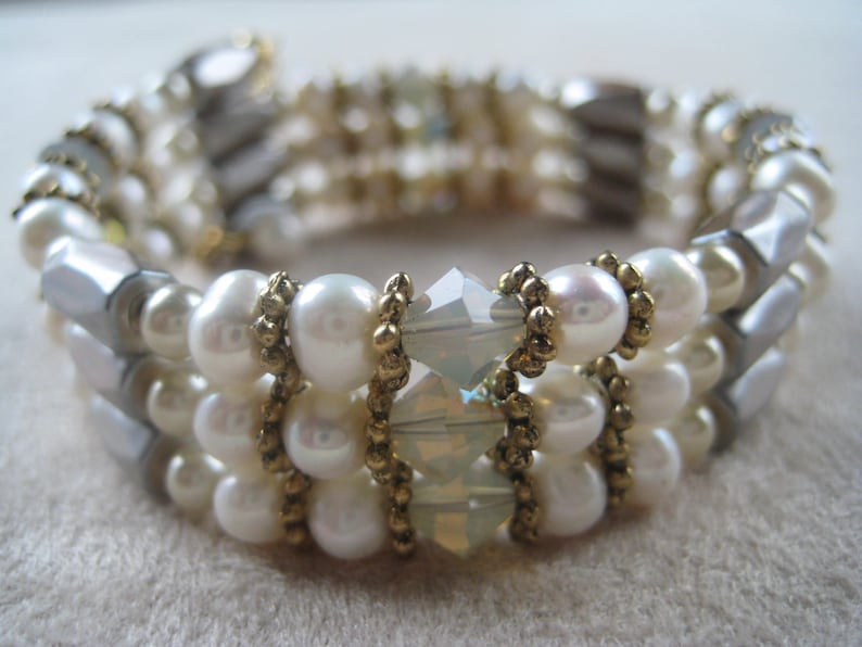 Beaded Bracelet, Freshwater Pearls, Opalescent Crystals and