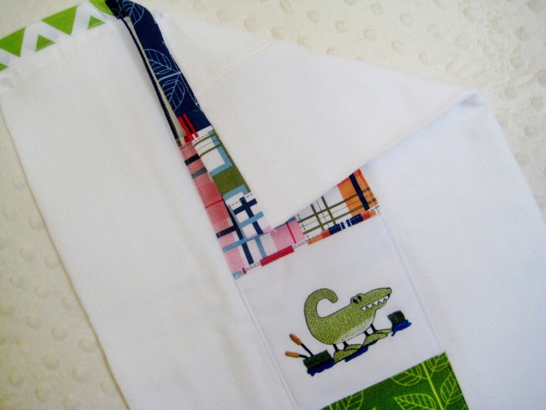 Alligator embroidered baby burp cloth and 12 inch ribbon trim lovie baby shower gift set baby boy layette madras navy /& green patchwork