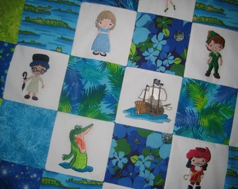 Peter Pan embroidered baby quilt, MADE TO ORDER patchwork minky blanket, blue and green crib bedding, Neverland nursery, storyteller quilt
