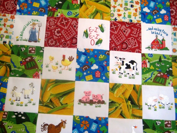 Embroidered baby quilt, Old McDonald's farm animals, MADE TO ORDER barnyard nursery bedding, gender neutral crib quilt, patchwork baby quilt