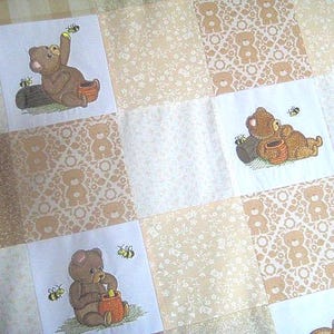 Embroidered Honey Bears Baby Quilt: Handmade Patchwork Minky Blanket