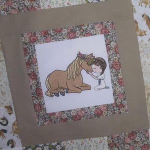 Embroidered Cowgirl Baby Quilt - little pony handmade patchwork minky blanket in tan , ecru and rose for girl's western nursery