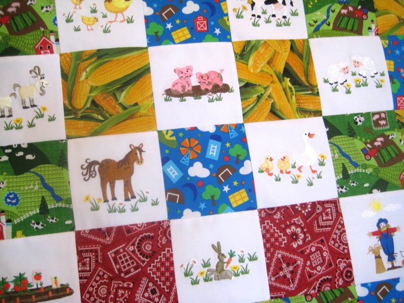 May include: A colorful patchwork quilt with various farm animal and country-themed designs. The quilt features a variety of animals, including pigs, cows, horses, ducks, and chickens. The quilt also features a variety of country-themed designs, including corn, barns, and tractors.